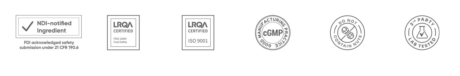 NDI, LRQA, cGMP, nut-free and third-party laboratory certifications